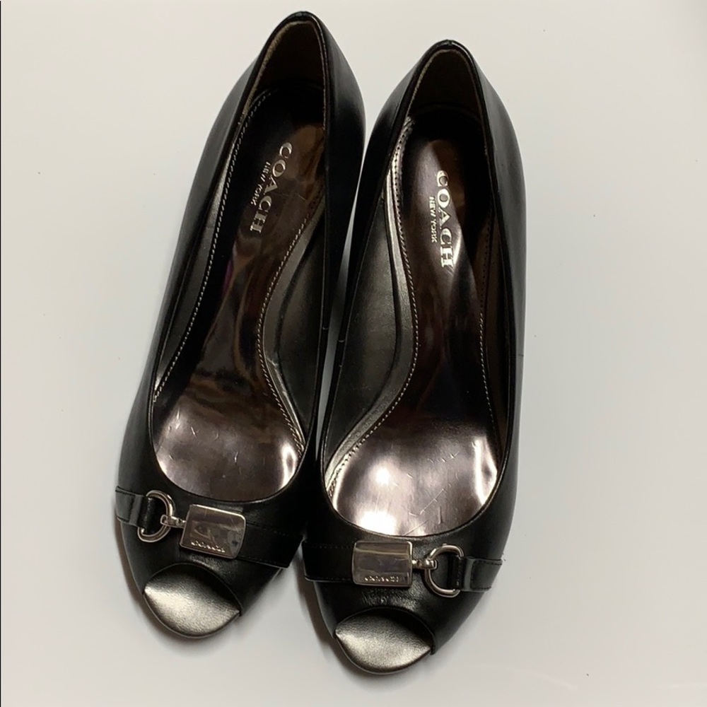 Coach Temple peep toe wedge black new 5.5